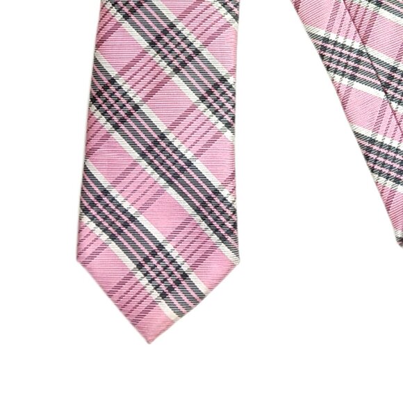 Nick Graham Plaid Tie Men’s 60” Pink Gray Stripe Preppy Designer Classic Tie New - Picture 1 of 4